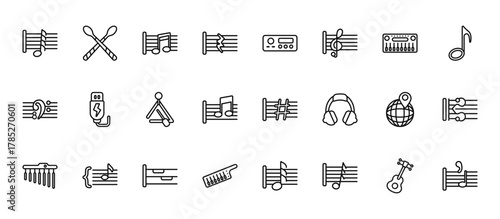 24 set of outline web music and media icons such as drumsticks, amplifier, charging plug, globe with pointer, keytar vector thin icons for report, presentation, diagram, web design, mobile app