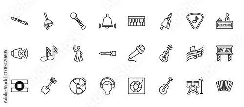 24 set of outline web music icons such as bell filled tool, seven piano keys, musical sixteenth note, harmony, boy with headphones vector thin icons for report, presentation, diagram, web design,