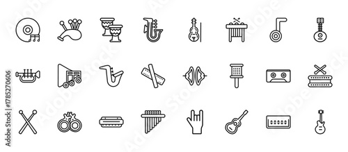 24 set of outline web music icons such as bagpipes, cello, music, caste, panpipe vector thin icons for report, presentation, diagram, web design, mobile app