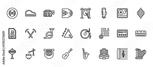 24 set of outline web music icons such as harpsichord, gong, drumsticks, sound mixer, acoustic guitar vector thin icons for report, presentation, diagram, web design, mobile app