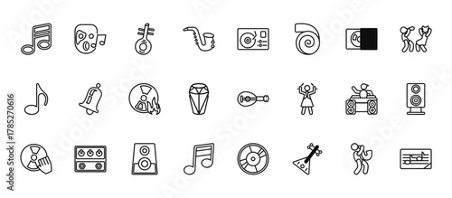 24 set of outline web music icons such as phantom, recorder player, bell, party dj, song note vector thin icons for report, presentation, diagram, web design, mobile app