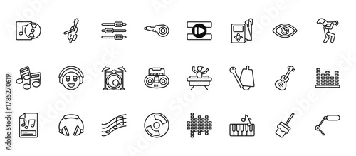 24 set of outline web music icons such as classical music, previous track button, listening smile, three strings guitar, vynil vector thin icons for report, presentation, diagram, web design, mobile