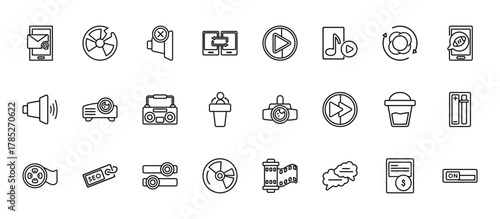 24 set of outline web multimedia icons such as broken disc, play buttom, projector len, substance, compact disc with glare vector thin icons for report, presentation, diagram, web design, mobile app