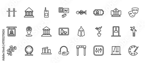 24 set of outline web museum icons such as antic architecture, fishbone, museum map, remains, audio guide vector thin icons for report, presentation, diagram, web design, mobile app