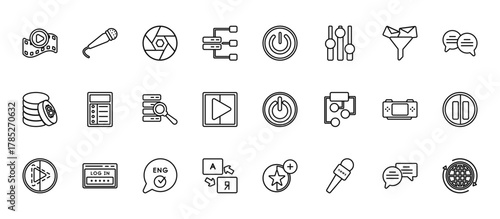 24 set of outline web multimedia icons such as condenser, power on button, interface, portable video game console, translate vector thin icons for report, presentation, diagram, web design, mobile