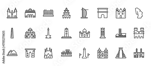 24 set of outline web monuments icons such as alcala gate,  ,  roman theatre of merida vector thin icons for report, presentation, diagram, web design, mobile