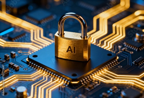 Wallpaper Mural Golden AI padlock sits on a processor on a dark blue circuit board with glowing yellow traces, symbolizing digital security. Torontodigital.ca