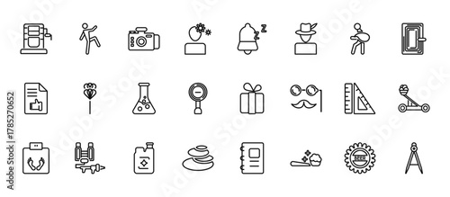 24 set of outline web miscellaneous icons such as muay thai, snooze, carpet beater, ruler and square measuring tools, pebble vector thin icons for report, presentation, diagram, web design, mobile