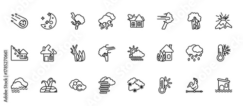 24 set of outline web meteorology icons such as moon phases, comet and house, broken house, hailstorm, tornado season vector thin icons for report, presentation, diagram, web design, mobile app