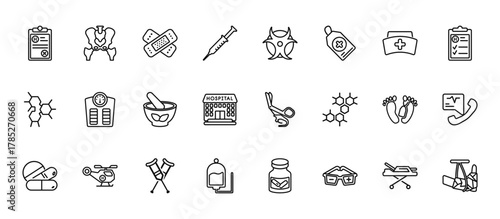 24 set of outline web medical icons such as p, biological warning, scale tool to control body weight standing on it, dead, plasma vector thin icons for report, presentation, diagram, web design,
