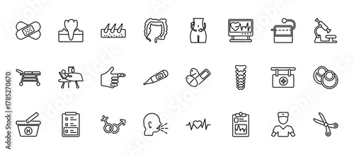 24 set of outline web medical icons such as canine, nutrionist, illness on bed, phary, unhealthy medical condition vector thin icons for report, presentation, diagram, web design, mobile app