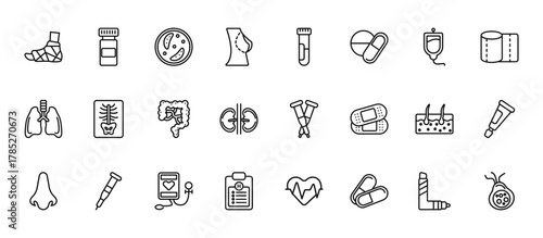 24 set of outline web medical icons such as antibiotic, blood sample, x ray, epidermis, notepad vector thin icons for report, presentation, diagram, web design, mobile app