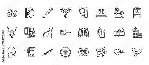 24 set of outline web medical icons such as adrenal gland, stethoscope medical heart beats control tool, blood pressure control tool, plastering, hospital medicalal of a cross in a circle vector