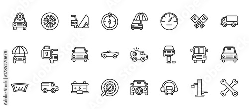 24 set of outline web mechanicons icons such as cart wheel, car with an umbrella, car and padlock, big bus front, changing wheels tool vector thin icons for report, presentation, diagram, web