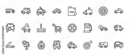 24 set of outline web mechanicons icons such as small car, oil can with big drop, car with wrench, car sale in euros, repairing bus vector thin icons for report, presentation, diagram, web design,