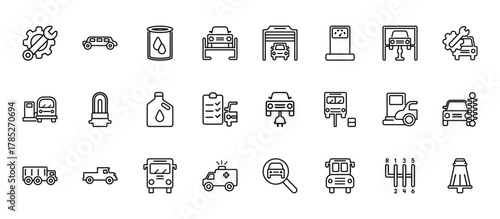 24 set of outline web mechanicons icons such as limousine side view, car in a garage, car light, car at gas station, big ambulance facing left vector thin icons for report, presentation, diagram,