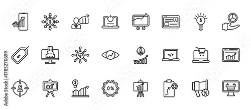 24 set of outline web marketing icons such as diversify, banner, enterprise, online marketing, commission vector thin icons for report, presentation, diagram, web design, mobile app