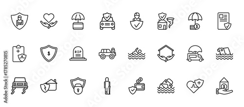 24 set of outline web insurance icons such as safe, insurance agent, insurance of a shield with dollar, moving wounded vector thin icons for report, presentation, diagram, web design, mobile app