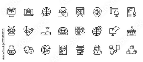 24 set of outline web networking icons such as internet attack, web cookies, pendrive security, computing cloud, hard drive vector thin icons for report, presentation, diagram, web design, mobile