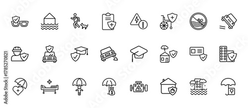 24 set of outline web insurance icons such as flood risk, problem electric, vehicle repair, payment protection, savings vector thin icons for report, presentation, diagram, web design, mobile app