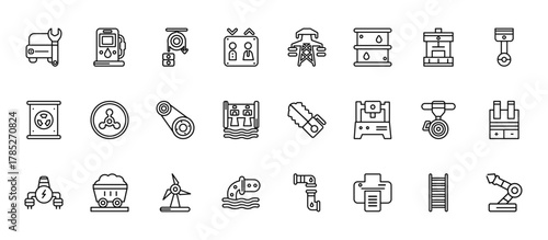 24 set of outline web industry icons such as fuel filling, power tower, chemical weapon, uncoiler, sewage vector thin icons for report, presentation, diagram, web design, mobile app
