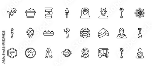 24 set of outline web india and holi icons such as phirni, vishnu, ornament, chandra, tikka masala vector thin icons for report, presentation, diagram, web design, mobile app