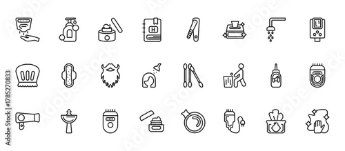 24 set of outline web hygiene icons such as gel, nail clippers, hygienic pad, hair tonic, face cream vector thin icons for report, presentation, diagram, web design, mobile app