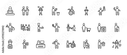 24 set of outline web humans icons such as business meeting, wheel chair, pay in restaurant, housewife and washing hine, out vector thin icons for report, presentation, diagram, web design, mobile