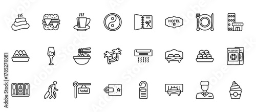 24 set of outline web hotel and restaurant icons such as sandwich, menu, wine glass, takoyaki, check out vector thin icons for report, presentation, diagram, web design, mobile app