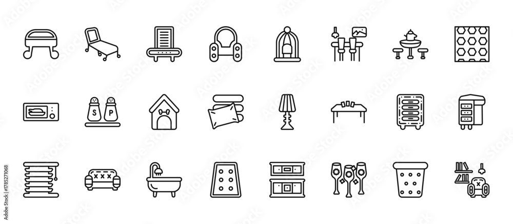 Fototapeta premium 24 set of outline web furniture icons such as lounger, bird cage, salt and pepper shakers, chest of drawers, mattress vector thin icons for report, presentation, diagram, web design, mobile app