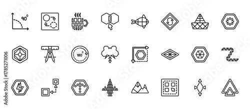 24 set of outline web geometry icons such as change, polygonal fish shape of small triangles, measure, octagon, polygonal jet aircraft vector thin icons for report, presentation, diagram, web