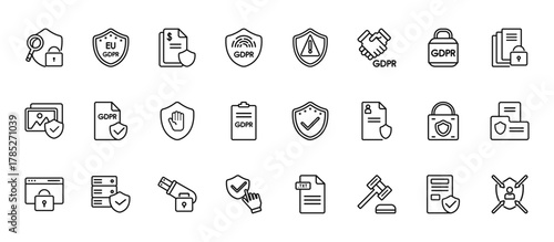 24 set of outline web gdpr icons such as eu, attention, gdpr, data protection, finger vector thin icons for report, presentation, diagram, web design, mobile app