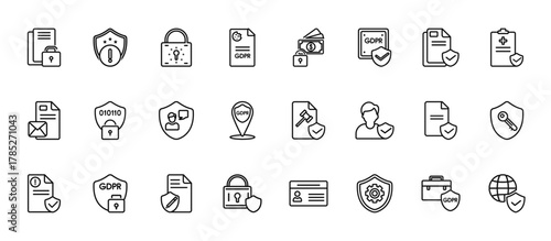 24 set of outline web gdpr icons such as alert, income, encryption, child consent, padlock vector thin icons for report, presentation, diagram, web design, mobile app