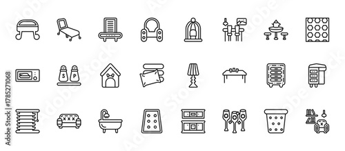 24 set of outline web furniture icons such as lounger, bird cage, salt and pepper shakers, chest of drawers, mattress vector thin icons for report, presentation, diagram, web design, mobile app