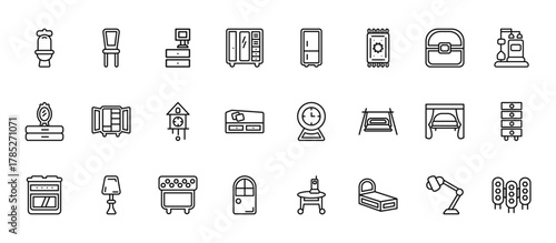 24 set of outline web furniture and household icons such as furniture, refrigerator, dining table, canopy bed, door vector thin icons for report, presentation, diagram, web design, mobile app
