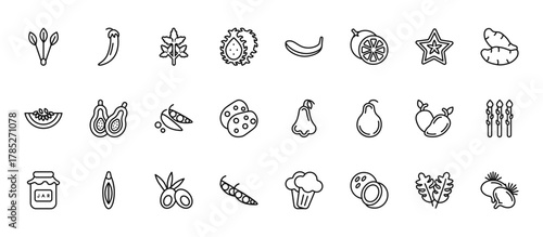 24 set of outline web fruits icons such as pepper, banana, papaya, mango, pea vector thin icons for report, presentation, diagram, web design, mobile app