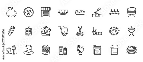 24 set of outline web food icons such as knife and fork, sushi prawn, canape, fried eggs, condiments vector thin icons for report, presentation, diagram, web design, mobile app