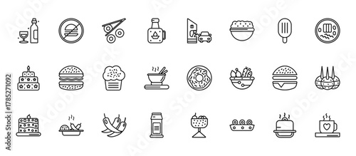 24 set of outline web food icons such as forbidden burguer, drive through, double burger, hamburger with bacoon, milky vector thin icons for report, presentation, diagram, web design, mobile app