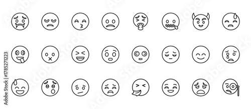 24 set of outline web emoji icons such as annoyed emoji, vomit emoji, muted calm disappointed vector thin icons for report, presentation, diagram, web design, mobile app