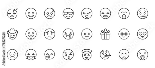 24 set of outline web emoji icons such as smile emoji, yelling emoji, tongue out nerd kissing with smiling eyes vector thin icons for report, presentation, diagram, web design, mobile app