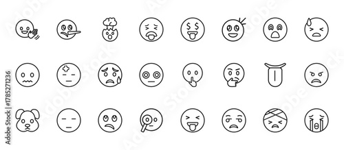 24 set of outline web emoji icons such as liar emoji, rich emoji, headache tongue curious vector thin icons for report, presentation, diagram, web design, mobile app