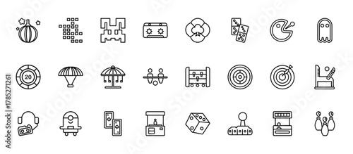 24 set of outline web arcade icons such as  , gambling, paraplane, dart, game hine vector thin icons for report, presentation, diagram, web design, mobile app