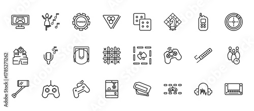 24 set of outline web entertainment icons such as dance, dices, voice acting,  , arcade game vector thin icons for report, presentation, diagram, web design, mobile app