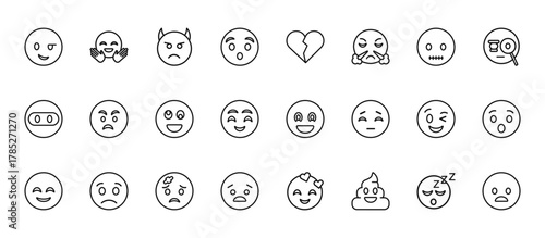 24 set of outline web emoji icons such as hugging emoji, broken heart emoji, pouting wink anguished vector thin icons for report, presentation, diagram, web design, mobile app