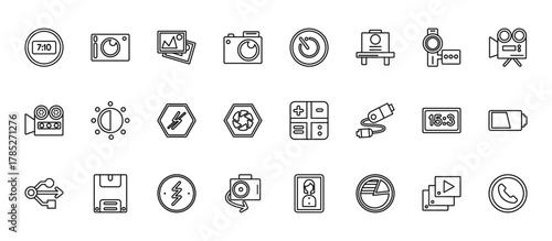 24 set of outline web electronic stuff fill icons such as compact camera, camera timer, brightness option, camera big screen size, flip vector thin icons for report, presentation, diagram, web