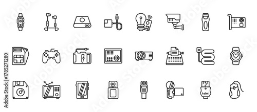 24 set of outline web electronic devices icons such as earphone, smart light, game console, electric blanket, usb wireless adapter vector thin icons for report, presentation, diagram, web design,