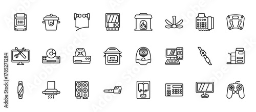 24 set of outline web electronic devices icons such as rice cooker, furnace, dvd player, connector, leaf blower vector thin icons for report, presentation, diagram, web design, mobile app