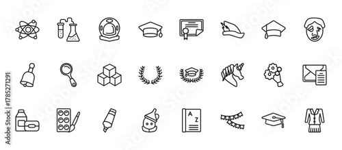 24 set of outline web education icons such as chemistry, diploma, magnifying glass, bouquet, wizard of oz vector thin icons for report, presentation, diagram, web design, mobile app