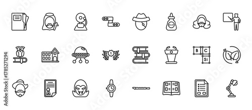 24 set of outline web education icons such as jesus, long john silver, school, periodic table, watch vector thin icons for report, presentation, diagram, web design, mobile app