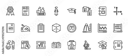 24 set of outline web education icons such as top, graduation mortarboard, write by hand, sinusoid, book with bookmark vector thin icons for report, presentation, diagram, web design, mobile app